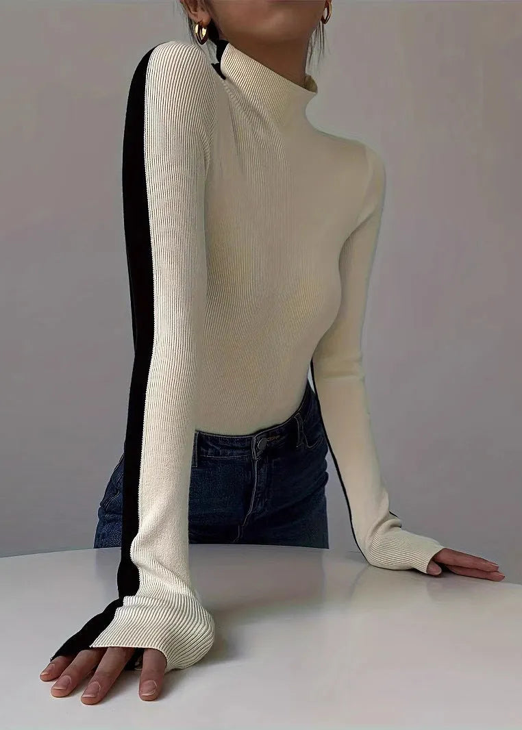 Fitted Black Hign Neck Patchwork Knit Sweaters Top Spring