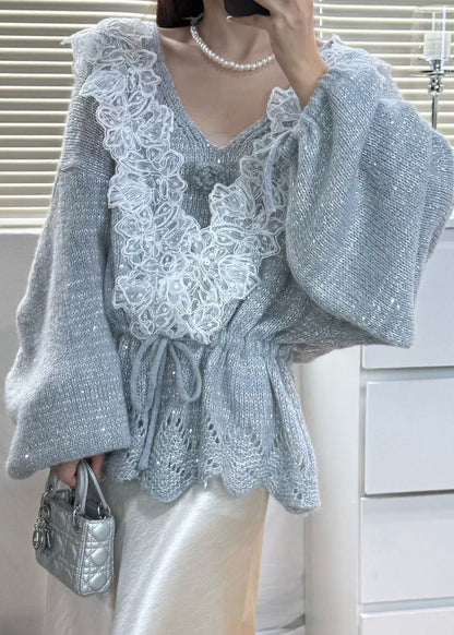 Italian Grey Cinched Patchwork Knit Sets 2 Pieces Fall