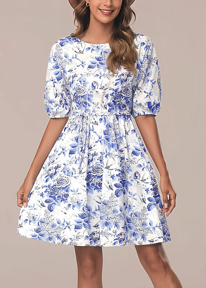 Italian Blue O Neck Print Tie Waist Cotton Mid Dress Summer