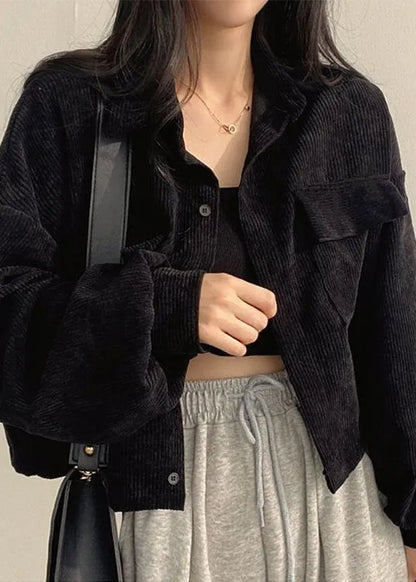 Coffee Peter Pan Collar Pockets Corduroy Short Coat Fall