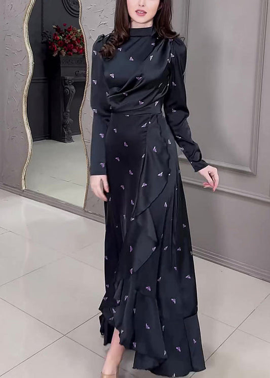 New Black Ruffled Print Silk Long Dress Fall