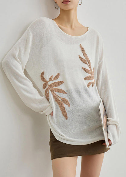 Boutique White O Neck Embroidered Knit Blouses Fall