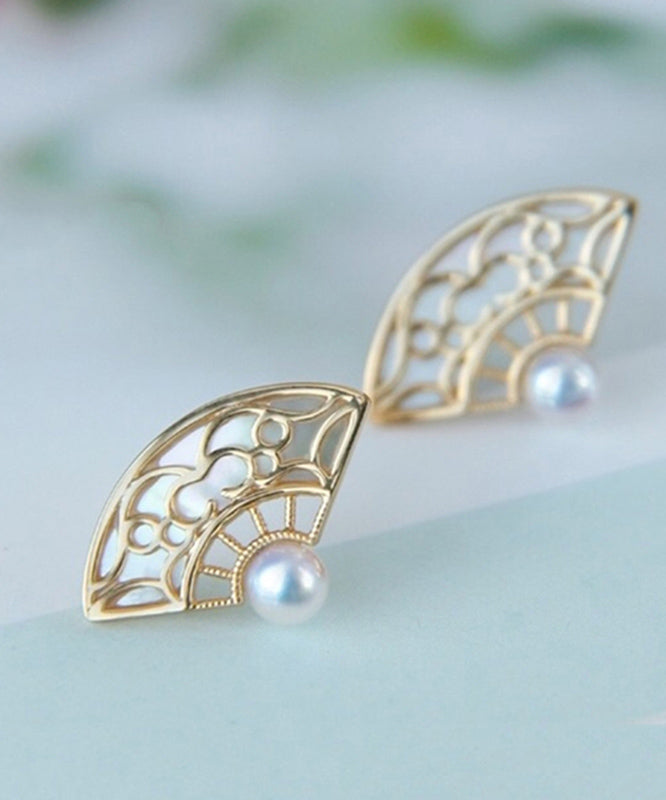 Retro Orange Copper Overgild Gold Fan-shaped Shell Stud Earrings