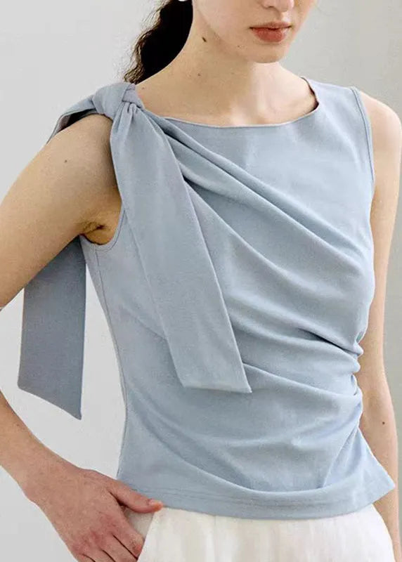 Red Slash Neck Bow Wrinkled Top Sleeveless