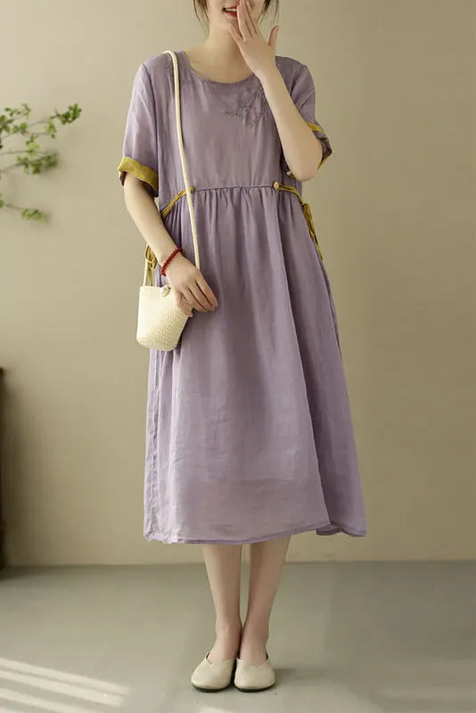 Summer Yellow Linen Embroidered Dress Short Sleeve Loose Dress