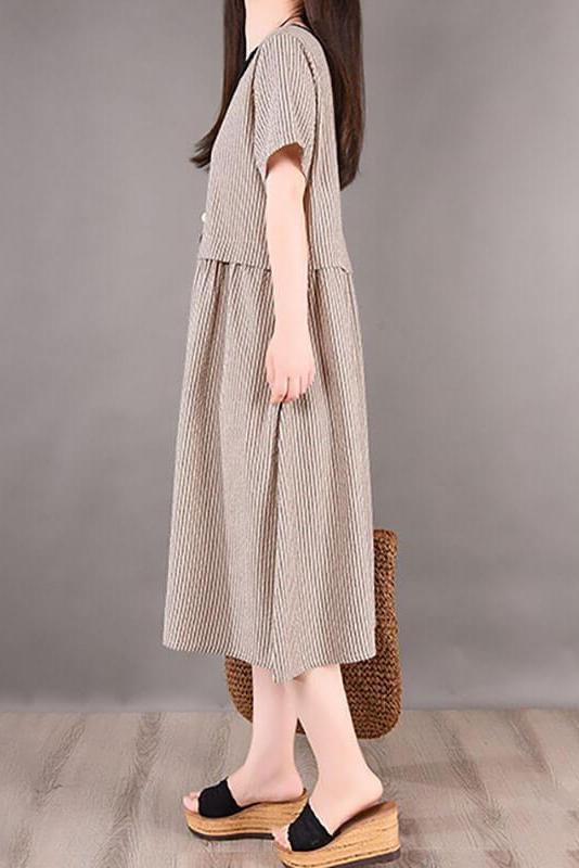 Cotton Irregular Stripes Short Sleeve Midi Dress
