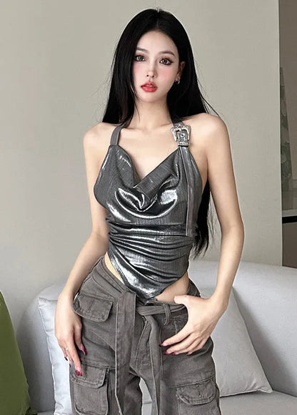Silver Hanging Neck Style Suspender Shiny Pleated Short Top