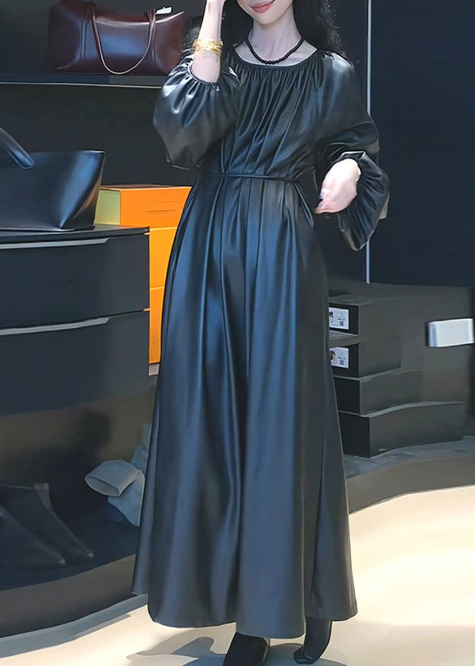 Black Cinched Tie Waist Pu Maxi Dresses Spring