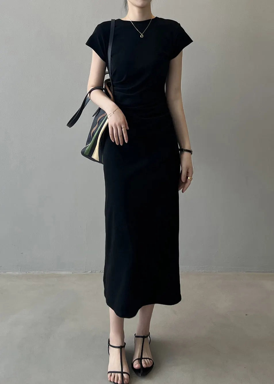 Black High Waist Cotton Dress O-neck Short Sleeve