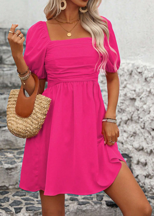 New Pink Square Collar Puff Sleeve Patchwork Cotton Mid Dress