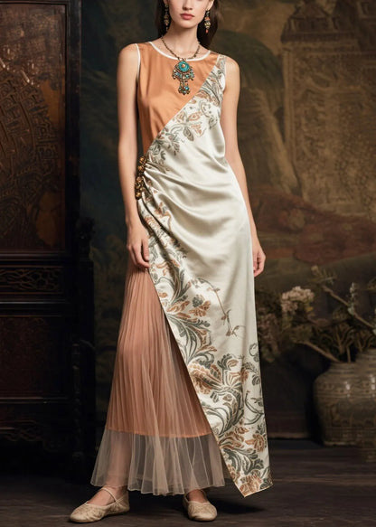 Fine Asymmetrical Patchwork Tulle Silk Long Dresses Sleeveless