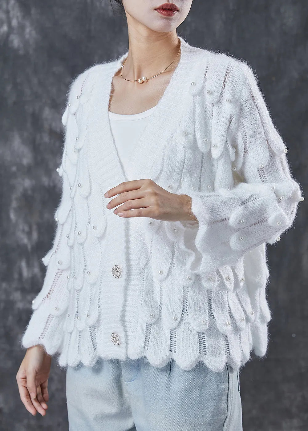 White Cozy Knit Cardigan V Neck Nail Bead Spring