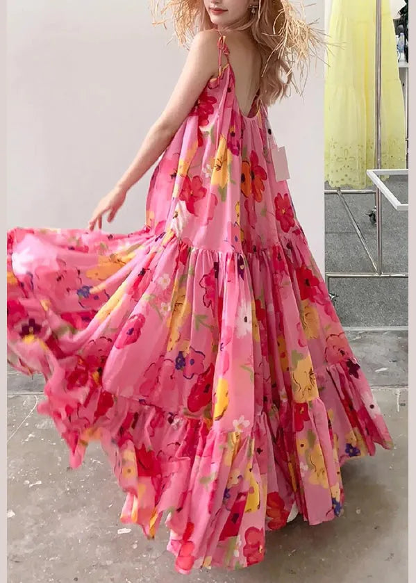Pink Print Wrinkled Patchwork Strap Dress Summer