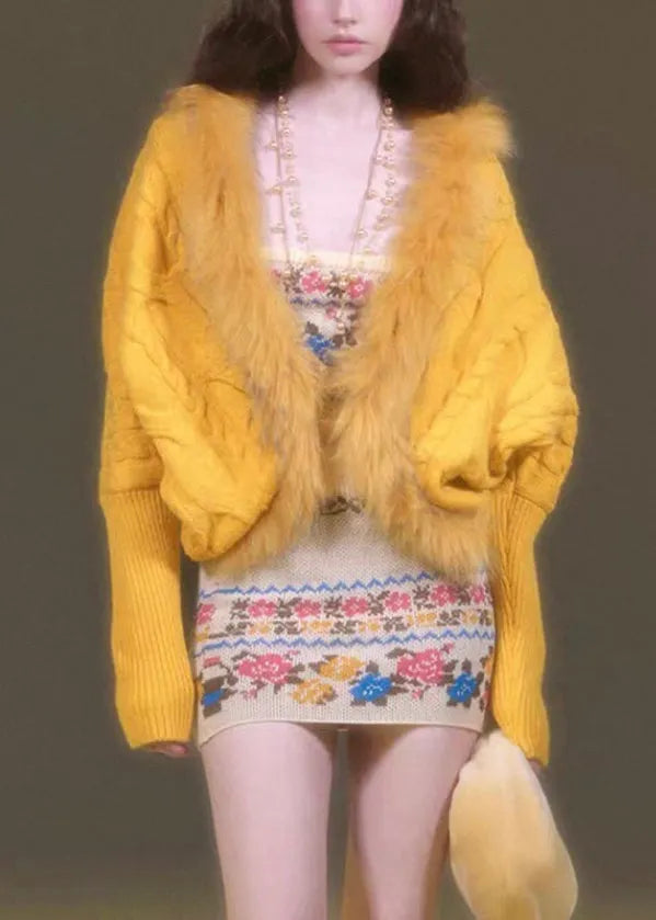 Purple Fur Collar Patchwork Cotton Knit Cardigans Lantern Sleeve