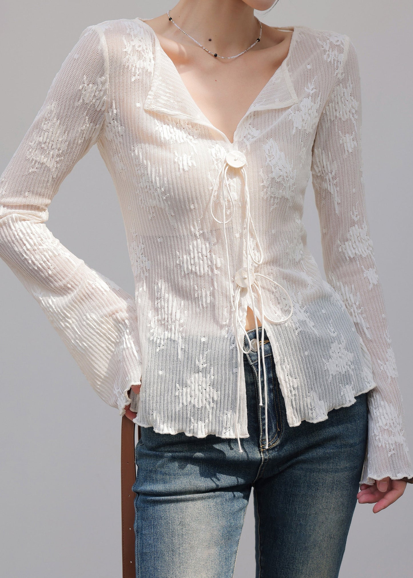 French White V Neck Embroidered Spandex Top Spring