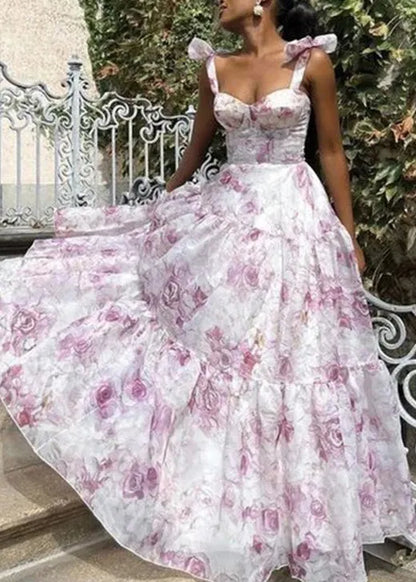 Blue Cold Shoulder Print Patchwork Organza Maxi Dresses Summer