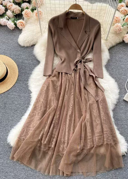 Camel Lace Up Tulle Patchwork Knit Dresses Fall