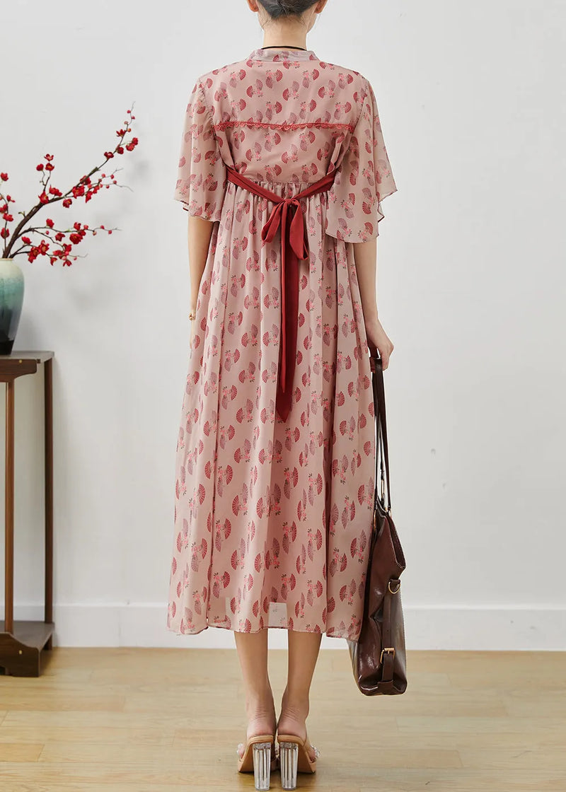 Pink Chinese Button Print Chiffon Dress Summer