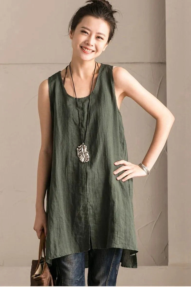 Green Cotton Linen Sleeveless Long Vest Summer for Outfits