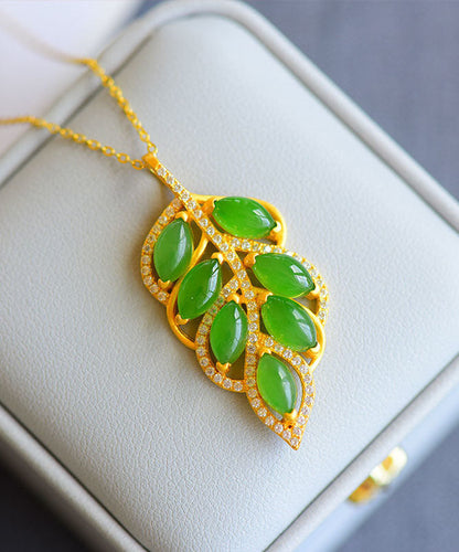 Green Jade Zircon Leaf Pendant Necklace