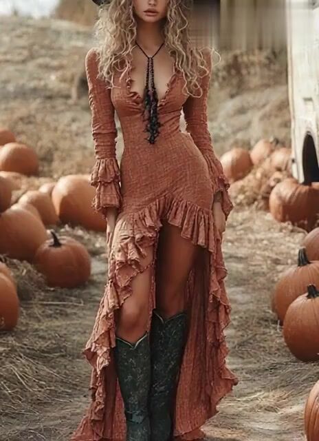 Brick Red Ruffled Low High Design Patchwork Cotton Dresses Fall