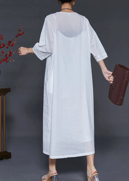 Simple White Embroidered Linen Vacation Dresses Bracelet Sleeve