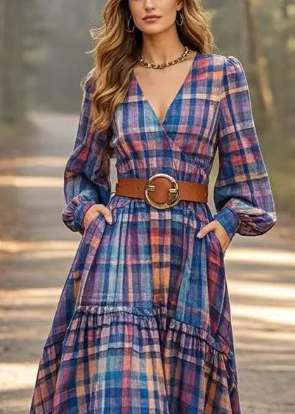 Blue Plaid Linen Long Dresses Cinched Exra Large Hem Spring