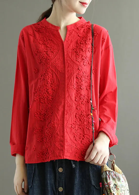 White V Neck Embroidered Cotton Top Spring