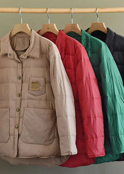 Khaki Button Loose Low High Design Winter Down Coats