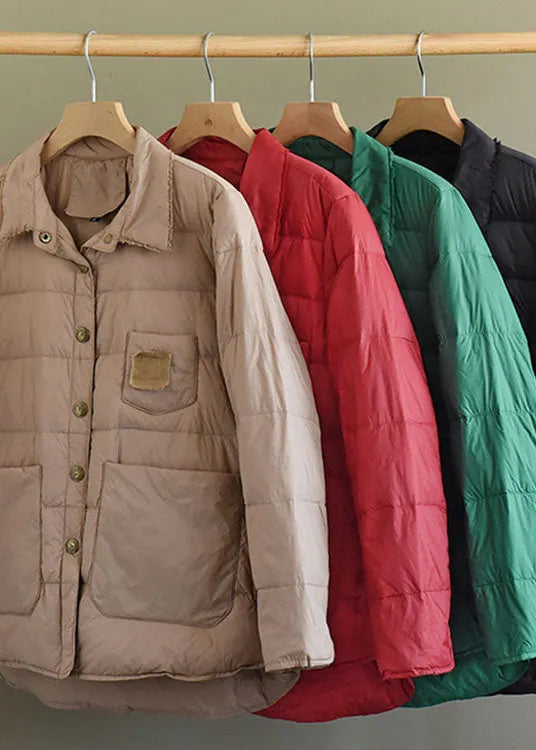 Khaki Button Loose Low High Design Winter Down Coats