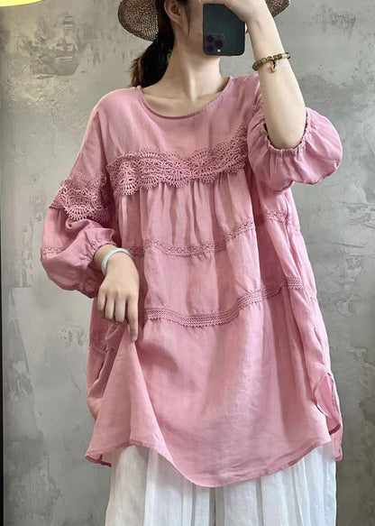 Simple Pink Lace Up Cotton T Shirt Long Sleeve
