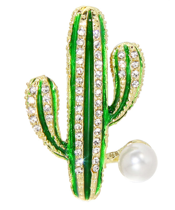 Green Alloy Zircon Pearl Drip Glaze Cactus Brooches