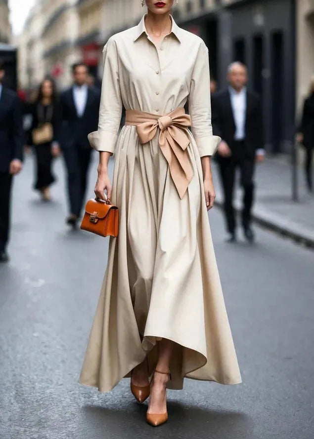 Beige Peter Pan Collar Lace Up Cotton Dress Fall