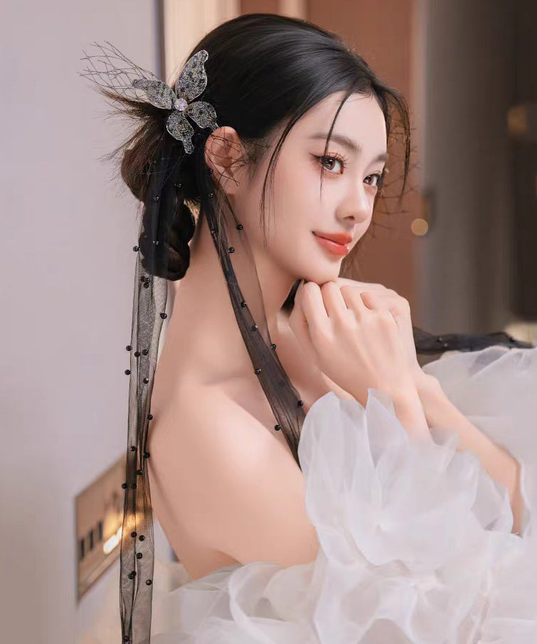 Fine Black Tulle Butterfly Ribbon a Pair Hairpin