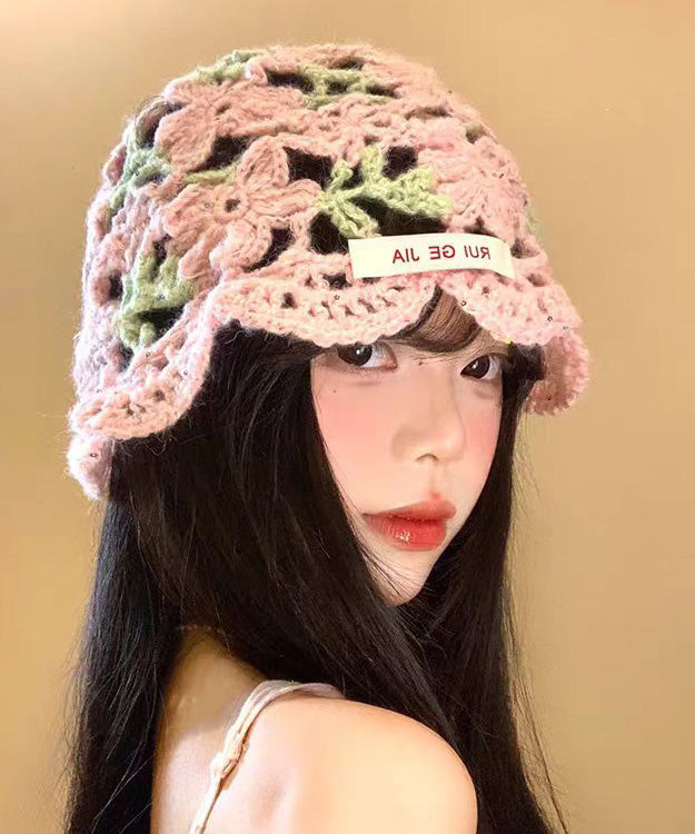 Pink Flower Hollow Thin Knitted Boonie Hat