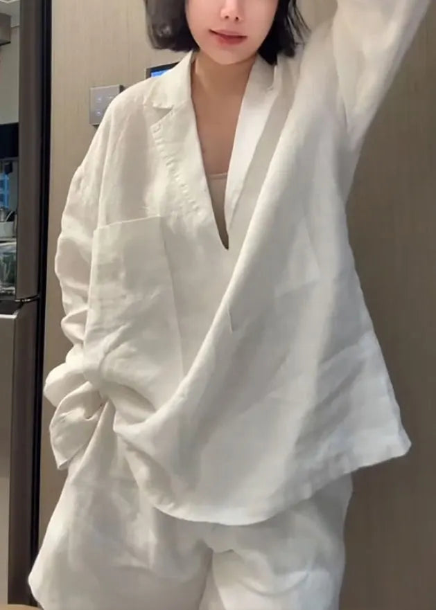 Loose White Peter Pan Collar Shirts and Shorts Linen Two Piece Set Summer