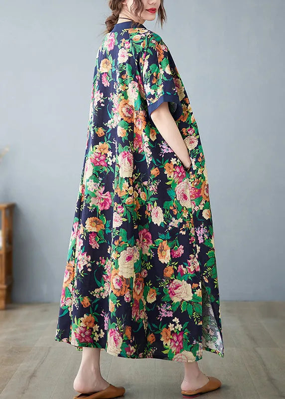 Art Navy Print Cotton Dress Oversized Summer