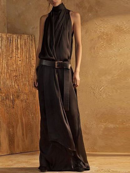 Blue Plain High Neck Sleeveless Loose Maxi Tank Dress