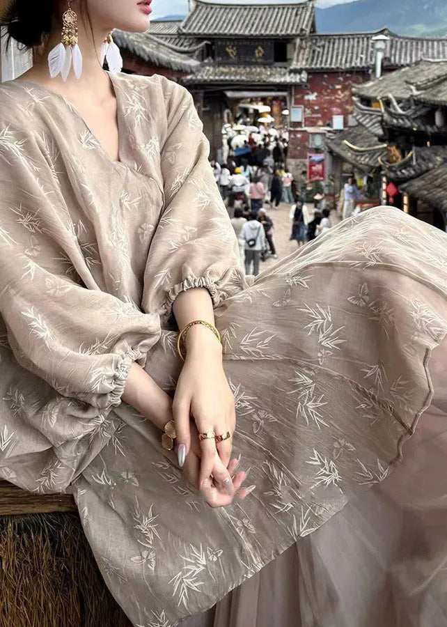Chinese Style V Neck Print Maxi Dresses Lantern Sleeve