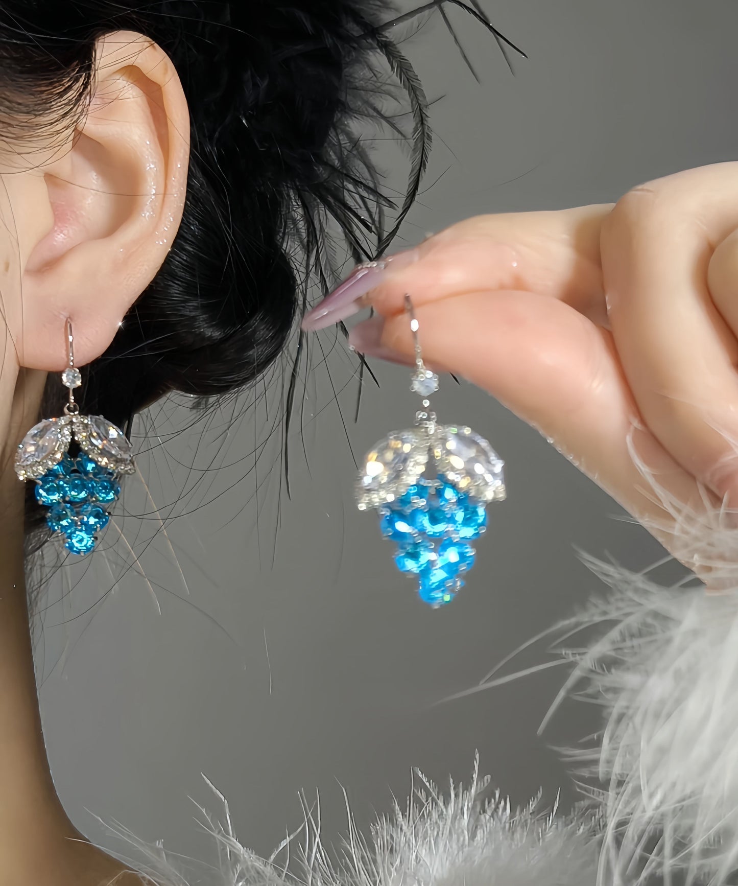 Brief Blue Sterling Silver Zircon Crystal Grape Drop Earrings