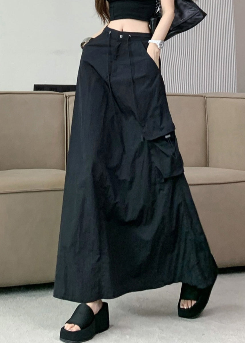Black Pockets Drawstring High Waist Cotton Skirts Summer