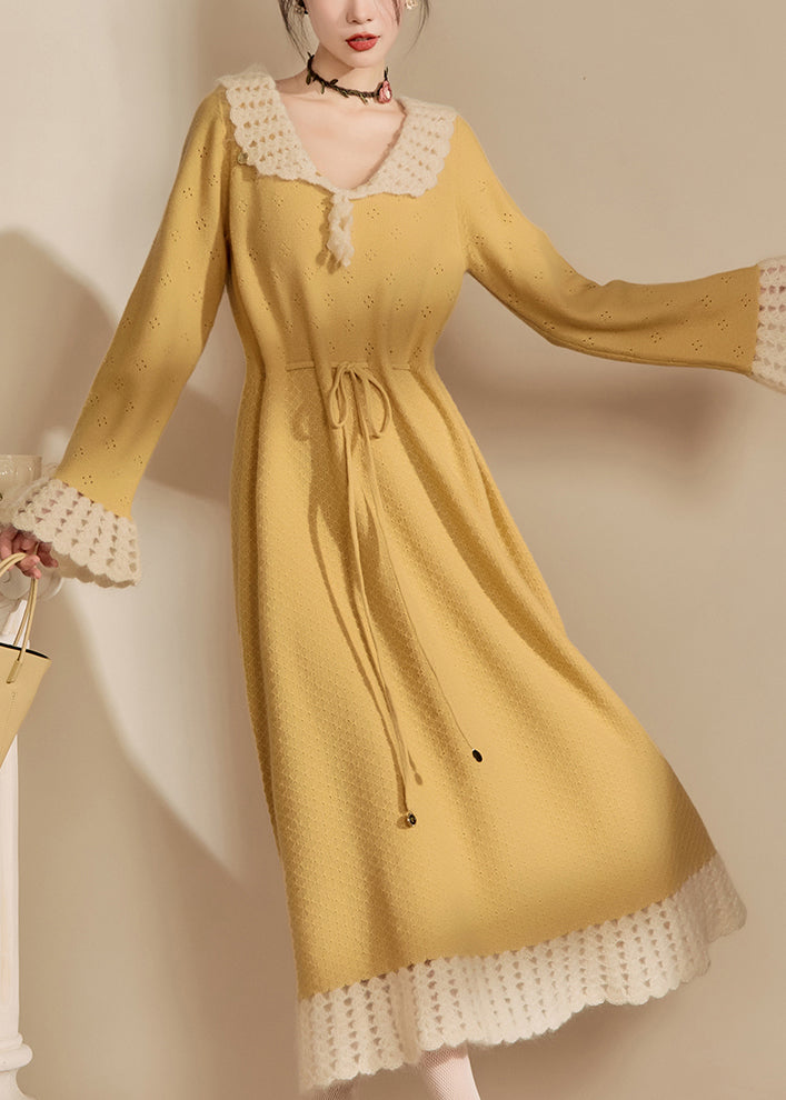 Yellow Peter Pan Collar Tie Waist Hollow Out Long Dress Fall
