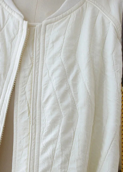 Beige Zip Up Drawstring Loose Cotton Jackets Lantern Sleeve