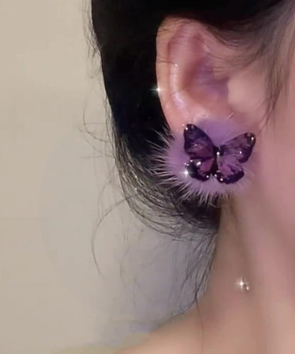 Purple Sterling Silver Overgild Fuzzy Fur Fluffy Butterfly Stud Earrings