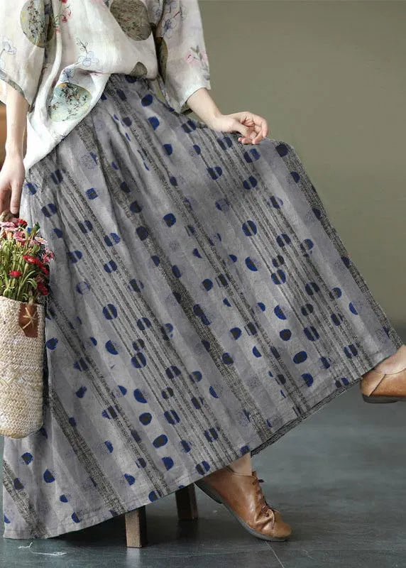 Brown Flower Ramie Elastic Waist Skirt