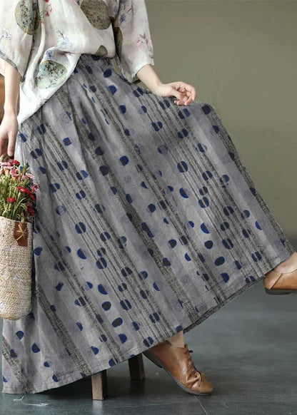 Navy Print Ramie Elastic Waist Skirt
