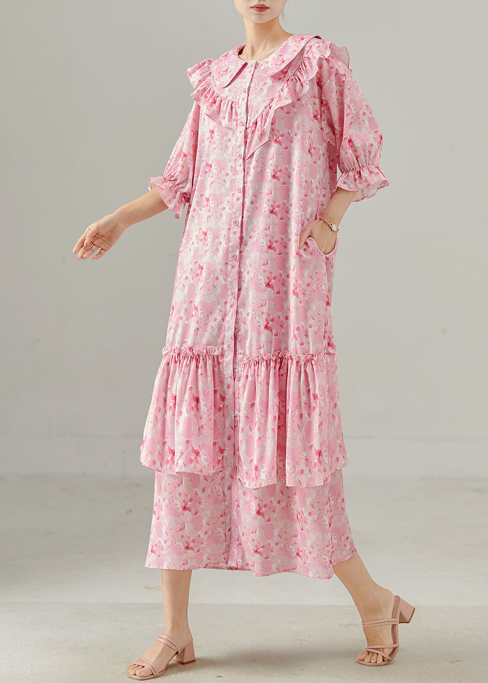 Pink Ruffled Print Chiffon Dress Spring
