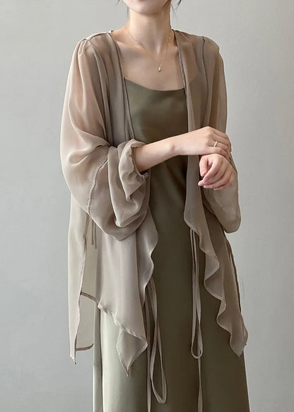 Khaki Chiffon Cardigan Lace Up Long Sleeve