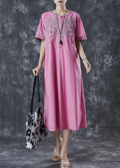 Pink Embroidered Cotton Long Dress Summer