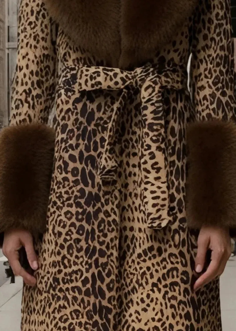 New Leopard Peter Pan Collar Lace Up Fuzzy Fur Fluffy Coat Fall